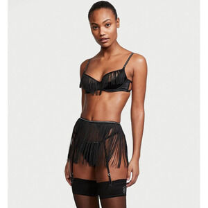 Victoria's Secret S,M BRA SET quarter cup+garter satin BLACK fringe SHINE STRAP